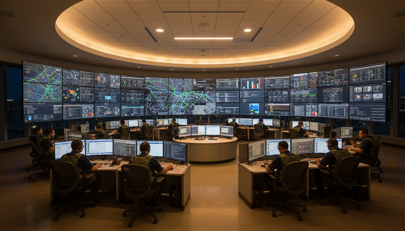 Modern emergency operations center with real-time data dashboards and staff at workstations